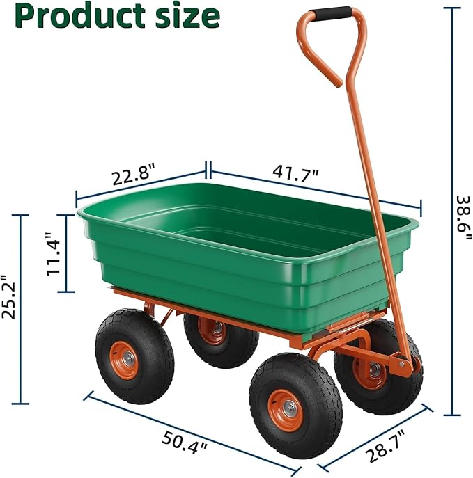 1200 LB Garden Dump Cart with Quick Release System, Poly Garden Wagon with 180° Rotating Handle & All Terrain Tires, Yard Cart Utility Wagon for Landscaping, Gardening, Green & Orange