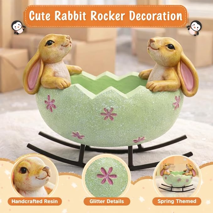 GoGnome Easter Bunny Bowl Figurine with Rocking Stand – 5.7‘’ Hand-Painted Resin Rabbit Egg Holder Spring Table Centerpiece Farmhouse Home Décor (Mint Green)