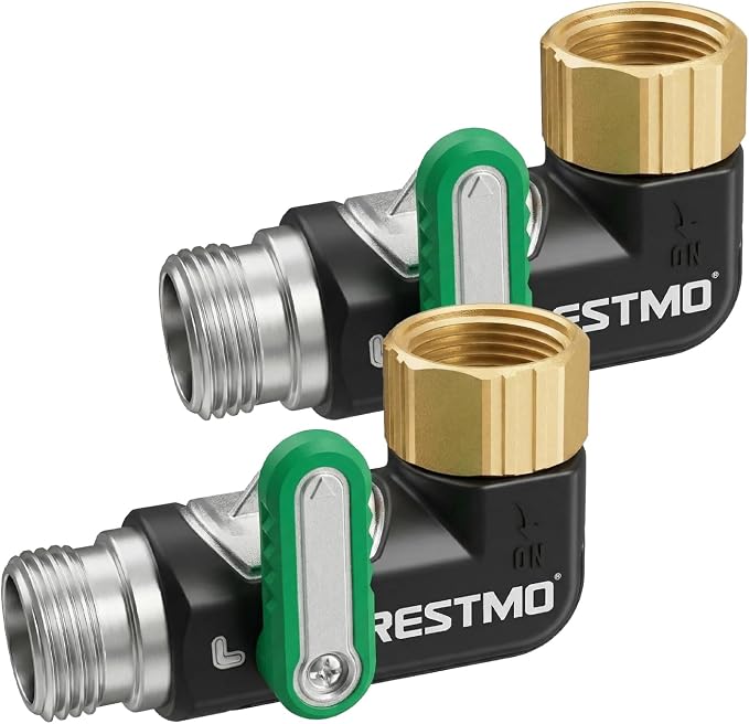 Restmo 90 Degree Hose Elbow with Shut Off Valves, Heavy Duty Full Metal One-Piece Body & Brass Widened Inlet & Outlet for RV, Garden, Spigot, Extended Handle, Universal 3/4” GHT Fit, Green, 2 Pack