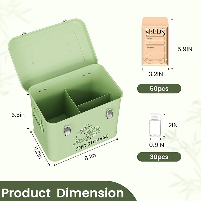 Seed Storage Organizer Box, Metal Seed Box, Garden Seed Organizer with Lid, Seed Containers Storage with 3 Compartments, 30 Seed Holder Organizers, 50pcs Seed Envelopes (Green)
