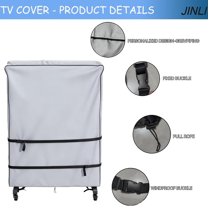 JINLI 70-75 inch outdoor TV trolley cover, courtyard TV cover, Oxford fabric waterproof and dustproof, triple windproof design, compatible with rolling/mobile stand,Grey
