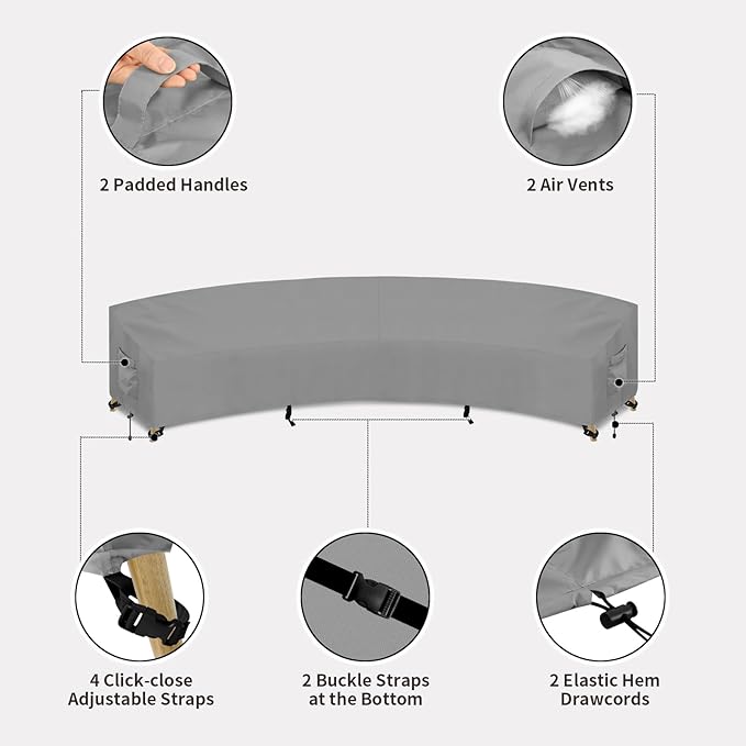 PureFit Outdoor Sectional Sofa Cover Waterproof Curved Patio Furniture Covers for Deck, Lawn and Backyard, 190Lx36Dx39Hx128FL, Grey
