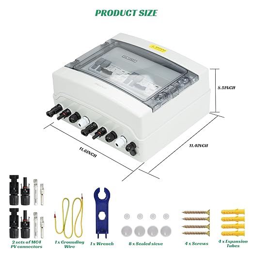 2 in 2 Out Solar Combiner Box,PV Combiner Box with 20A PV Fuse,DC 20A Circuit Breaker and Surge Protector,IP65 Solar Disconnect Switch Box for Indoor Outdoor Solar Panel System (2 in 2 Out 20A 1000V)