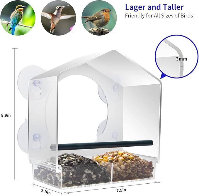 AIKS Window Bird Feeder with 4 Extra Strong Suction Cups, Large Outdoor Bird House for Cardinals Bluebird Chickadees etc.