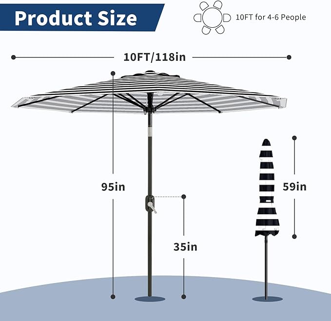 Garvee 10 ft Outdoor Patio Umbrella 8 Sturdy Ribs Outdoor Table Umbrella with Crank Lift & Push Button Tilt UV Protection Waterproof Market Umbrellas for Pool Deck Yard Garden, Black & White Stripes
