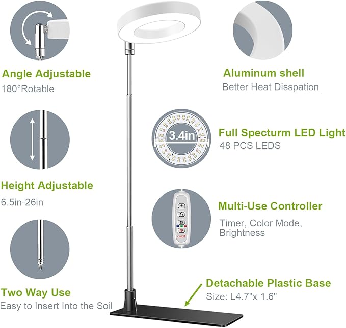 Kullsinss Grow Lights for Indoor Plants, 48 LEDs Full Spectrum Halo Plant Light for Indoor Plants, Height Adjustable Growing Lamp with Detachable Base, 3/9/12Hrs Timer, 10 Brightness, 3-Pack