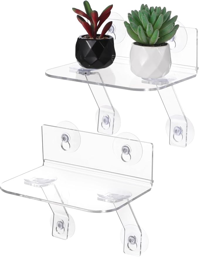 2-Pack Acrylic Window Plant Shelves with Suction Cups & Support Brackets - 7.7 in Semicircular Window Sill Extender for Herb Pots, Succulents, Flower Boxes, Micro Greens | Indoor/Outdoor Use (L)