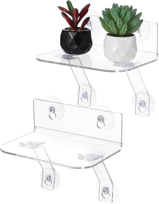 2-Pack Acrylic Window Plant Shelves with Suction Cups & Support Brackets - 7.7 in Semicircular Window Sill Extender for Herb Pots, Succulents, Flower Boxes, Micro Greens | Indoor/Outdoor Use (L)