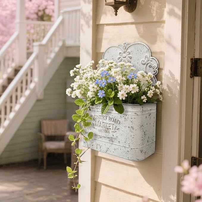 All Chic Set of 2 Metal Hanging Wall Planters Outdoor Indoor Mail Wall Mounted Planter Antique Shabby Chic Wall Decor (White Gold)