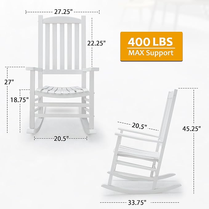 Hupmad Wooden Rocking Chair Outdoor Oversized Porch Rocker Chair,Patio Wooden Rocker with High Back and Armrest,All Weather Rocker Slatted for Backyard,Garden,400 lbs Support,White