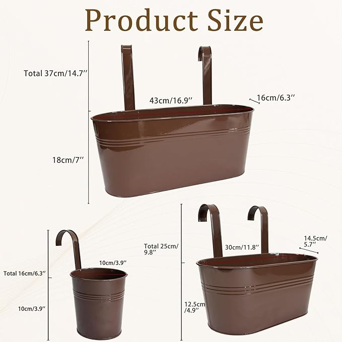 Set of 6 Balcony Hanging Planters, 2 Pcs 17" Metal Railing Flower Pots & 2 Pcs 12" Deck Planter & 2 Pcs 4" Fence Pot for Outdoor Patio Garden Décor, Chocolate