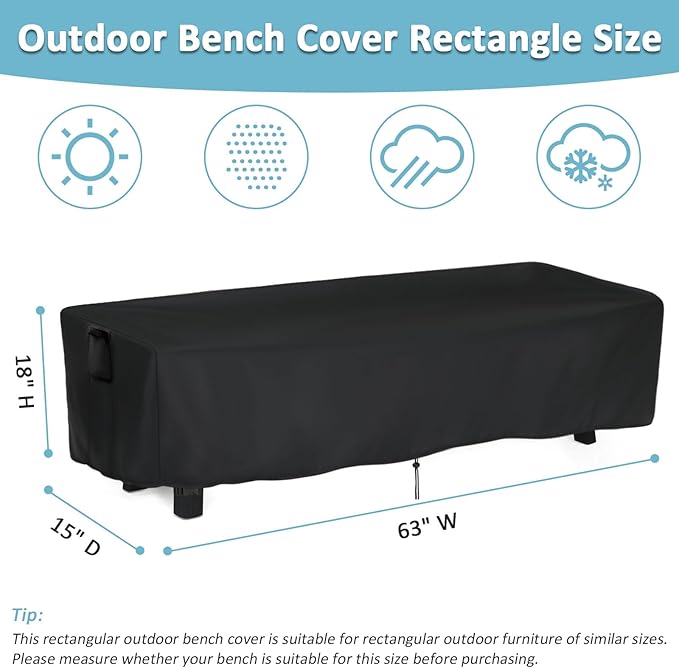 Kingling Outdoor Bench Cover Rectangle, Wood Bench Cover Waterproof Patio Bench Covers for Outdoor Furniture Long Chair Covers, 63" W x 15" D x 18" H