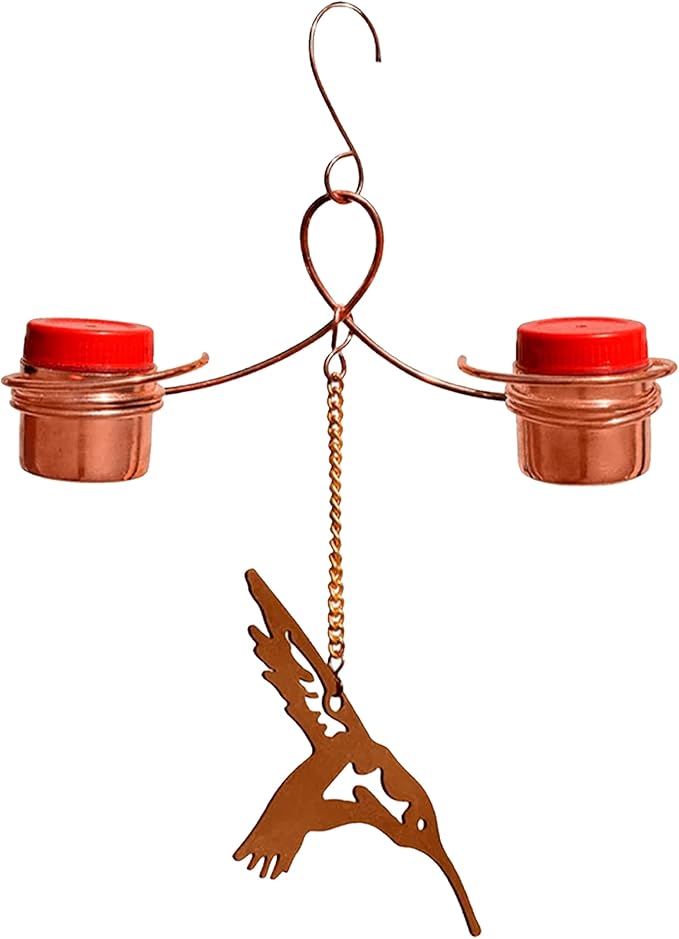 Monarch Abode Hanging Hummingbird Feeders for Outdoors – Pure Copper Handcrafted Double Hanging Hummingbird Feeder with Metal Ornament, Decorative Humming Bird Feeders for Outdoors Garden Patio Deck