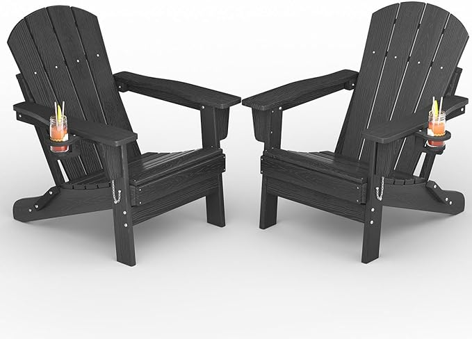 GarveeLife Folding Adirondack Chair Set of 2, All-Weather HDPE Outdoor Chair, Wooden Textured with Cup Holder for patios, Decks, Gardens, fire pits, Black