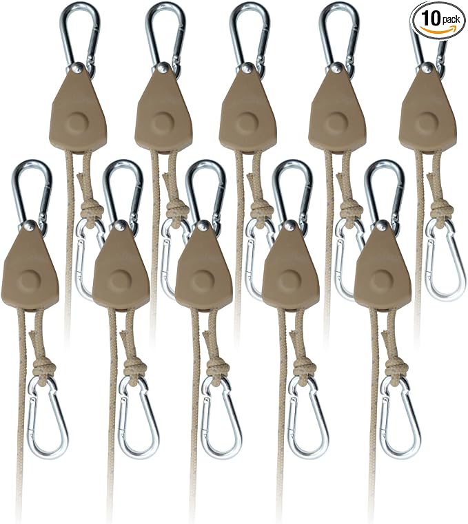 10Pack Retractable Ratchet Tie Down Straps, 13 Ft 1/8” Adjustable Rope Hanger, Heavy Duty Ratcheting Pulley System with 2 Carabiner Hook, for Xmars Decorations, Hanging Plants, Grow Lights