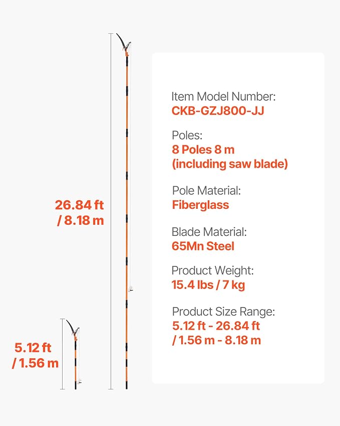 VEVOR Manual Pole Saw, 4.46-26.4 ft Extendable Tree Pruner with Scissors, Sharp 65Mn Steel Blade, Lightweight Fiberglass Handle Pole, Two Double-Hook Saws, for High Branch Trimming, Palms and Shrubs
