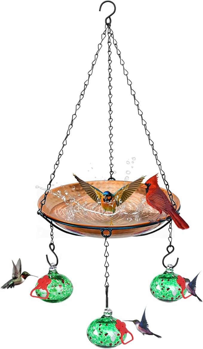 Wind Chimes Hanging Bird Feeders for Outdoors ＆ Bird Bath ＆ Hummingbird Feeders for Outdoors 3-in-1,Hand Blown Glass Hummingbird Feeder Balls,Detachable BirdBath(11in) Green-Chains