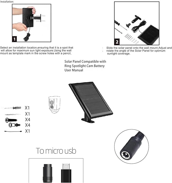 2 Pack Ring Solar Panel(2nd Generation), 5W Solar Panel Charger with Mount for Stick Up Camera & Pro, Spotlight Plus & Pro,Black,12FT/4M Long Cable with USB-C to Ring Barrel Plug Adapter 。