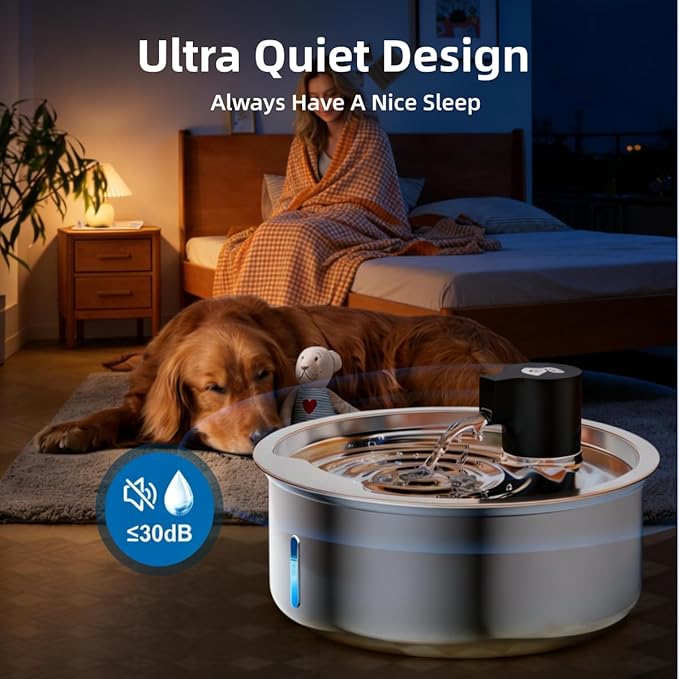 Dog Water Fountain, 8L Stainless Steel Dog Water Fountain for Large Dogs, Dog Water Bowl Dispenser, Super Quiet Pump and Replacement Filters for Cats and Dogs (Silver-8L+16Filters)