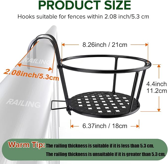 3PCS Railing Planter Holders, Compatible with 1"-2.08" Wide Railings | 3 PCS Railing Hanging Planter Holders, Round Balcony Metal Flower Pot Stand with Base, Easy for Hanging and Moving.