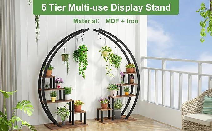5 Tier Tall Plant Stand Indoor, Half Moon Metal Plant Shelf (2 Pack) for Multiple Plants - Space-Saving Curved Design, Sturdy Indoor/Outdoor Flower Rack, Brown