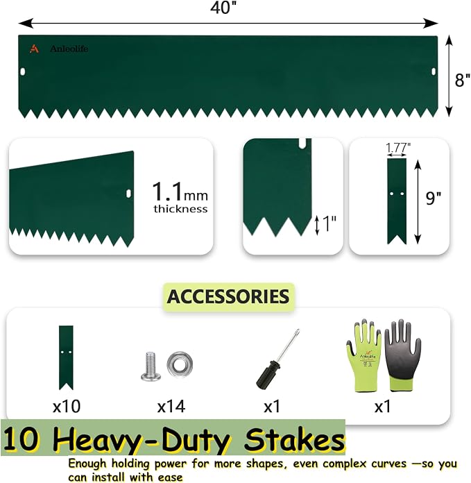 A ANLEOLIFE 20FT Galvanized Steel Landscape Edging, 6-Pack 40" L x 8" H Hammer-in Metal Garden Border with 10 Stakes for Lawn, Pathway, Flower Beds – Green