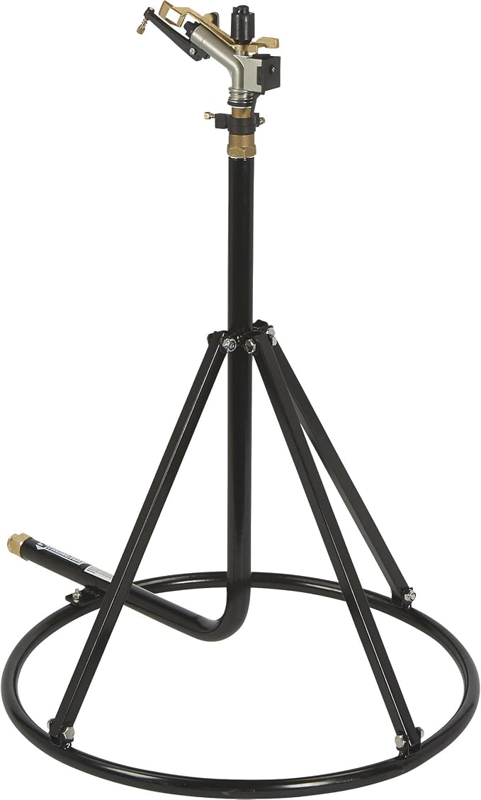 Strongway Tripod Sprinkler with Round Base, 1 in. Brass Head with 3 Nozzles, 120 Ft. Diameter Coverage, 11000 Sq. Ft., 7-14 GPM, Adjustable Full and Partial Circle, for Lawn, Farm and Garden