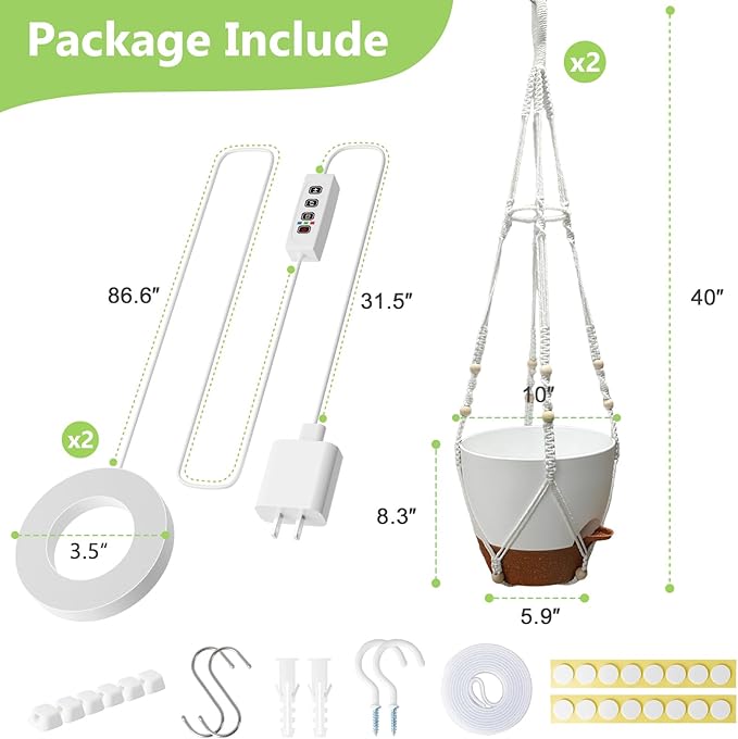 2 Pack Hanging Planters with Grow Light for Indoor Plants, 10” Self Watering Pots for Apartments & Low-Light Rooms, Macrame Hangers, Timer, Drainage Holes & Removable Tray