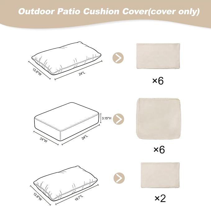 14 Piece Outdoor Cushion Covers Replacement, Waterproof Patio Couch Cushion Covers, Outdoor Furniture Sofa Covers with Zippers, Cover Only(14Pcs-Beige, 24 * 24 * 3.15-inch)