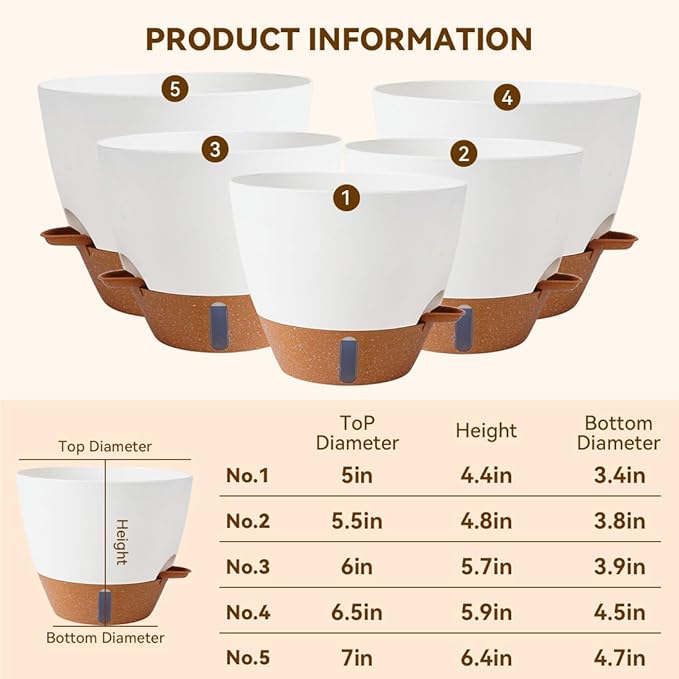 7/6.5/6/5.5/5 Inch Self Watering Pots, Plastic Flower Pots with Multi Mesh Drainage Holes and Deep Reservoir for Indoor Outdoor Garden Plants and Flowers (White, 5/5.5/6/6.5/7)