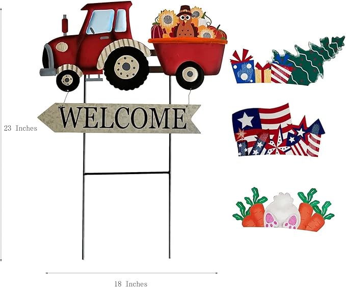 Metal Rustic Interchangeable Truck Yard Stakes with Seasonal Signs Decor for 4th of July Fall Harvest Christmas Winter Holidays Decoration-Set of 4