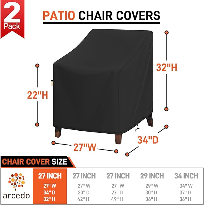 Arcedo 2 Pack Waterproof Patio Chair Covers, UV Resistant Outdoor Lounge Chair Covers for Outdoor Furniture, All Weather Protection - 27”W x 34”D x 32”H, Black