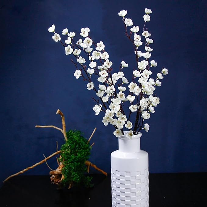 5 Pcs Artificial Plum Blossom Fake Wintersweet Long Stem Plastic Flowers Home Hotel Office Wedding Party Garden Decor 27.5'' High White