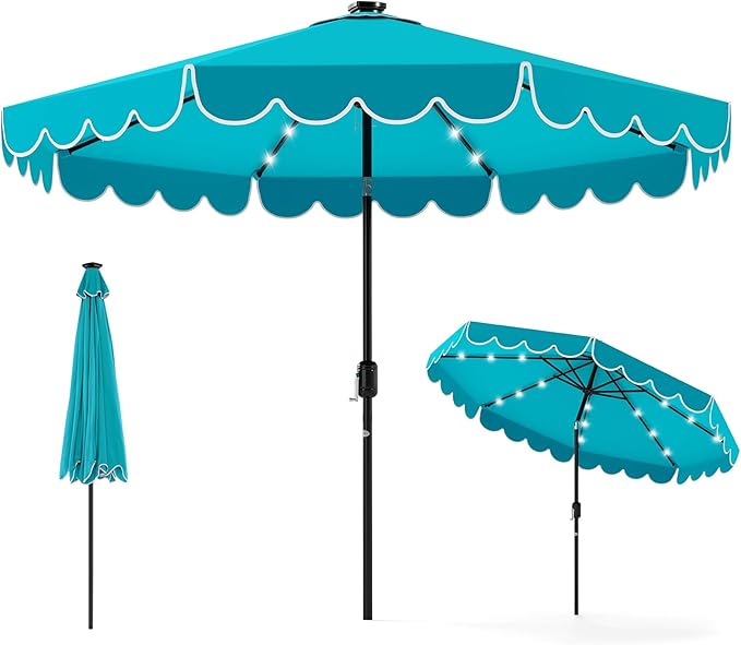 Tangkula 9 FT Solar Patio Umbrella, 2-Tiers Scalloped Outdoor Table Market Umbrella with 32 LED Lights, Vented Top, Tilt Adjustment, Crank, 8 Ribs for Backyard Poolside Deck Beach Lawn (Turquoise)