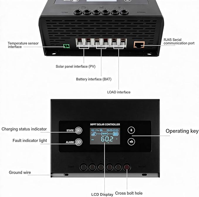 60Amp Solar Charge Controller MPPT 200V Max Input,99.9% Efficiency,12V/24V/36V/48V Auto,APP Monitoring,60A LCD Display Solar Panel Regulator for Lead-Acid/Lithium Battery,AGM,LiFePO4,Solar System RV