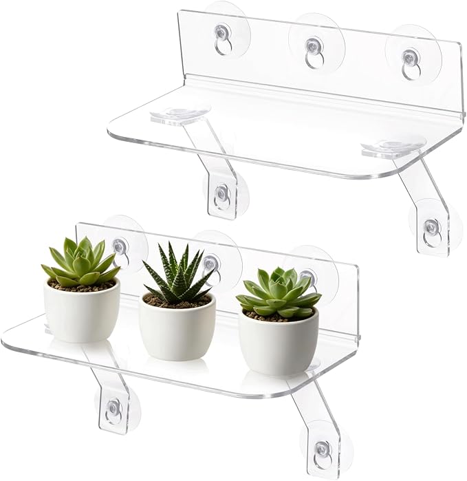 2-Pack Acrylic Window Plant Shelves with Suction Cups & Support Brackets - 11.8 in Semicircular Window Sill Extender for Herb Pots, Succulents, Flower Boxes, Micro Greens | Indoor/Outdoor Use