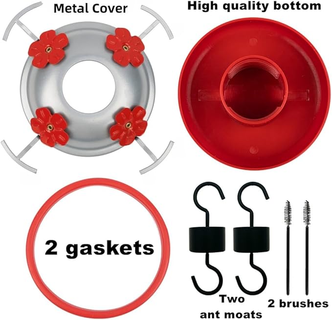 6 Pack Hummingbird Feeder Bottom Replacement Parts Base Set Includes Feeder Base, 1 Pcs Replacement Seal Rings, 2 PCS Moat Hook and 2 Pcs Brushes