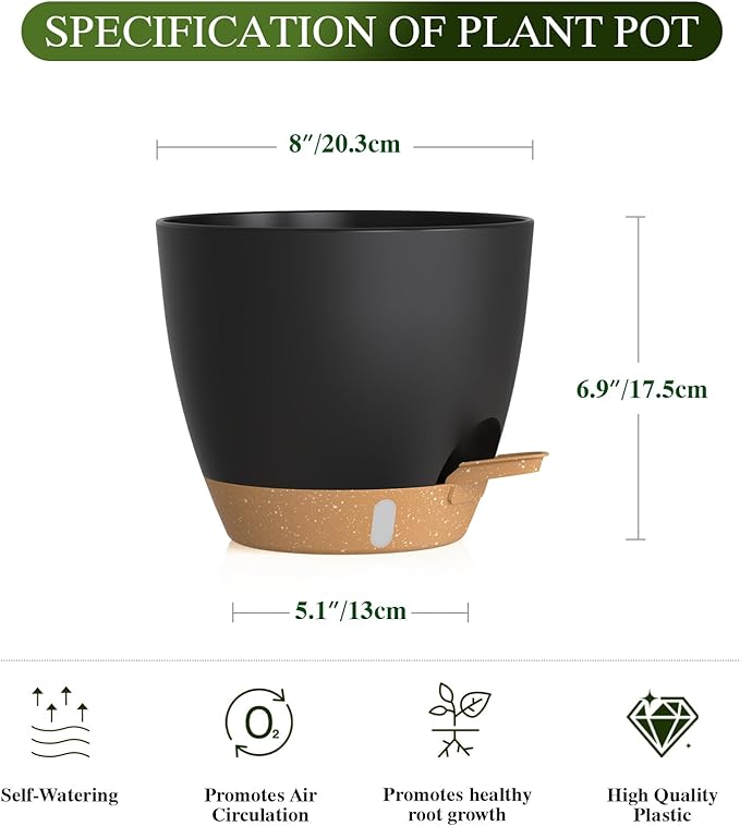 Self Watering Pots with Drainage Holes, 2 Pack 8 Inch Plant Pots with Water Level Indicator Deep Reservoir, Large Plastic Planter for Indoor Outdoor Plants - Black Brown