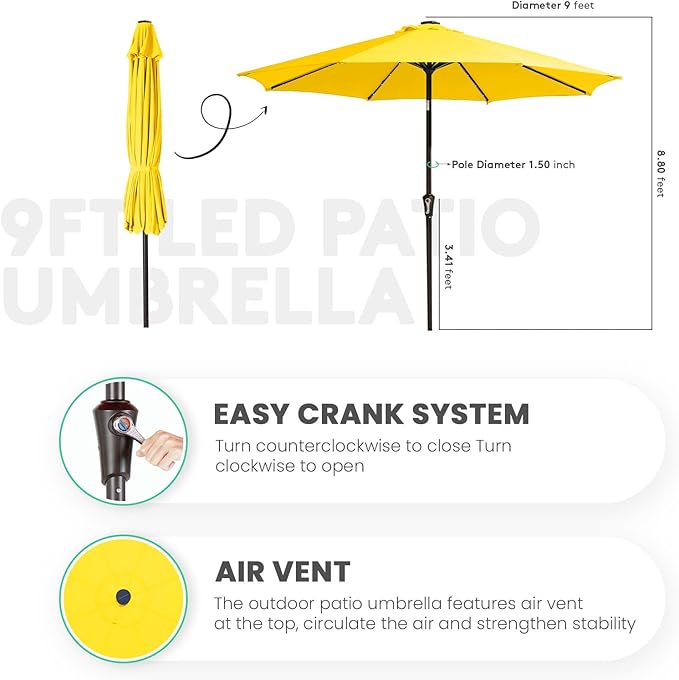 JEAREY 9FT Outdoor Patio Umbrella with Solar Lights, LED Lighted Pool Umbrella with Tilt and Crank, Outdoor Table Umbrellas for Deck, Yard & Market (Lemon)