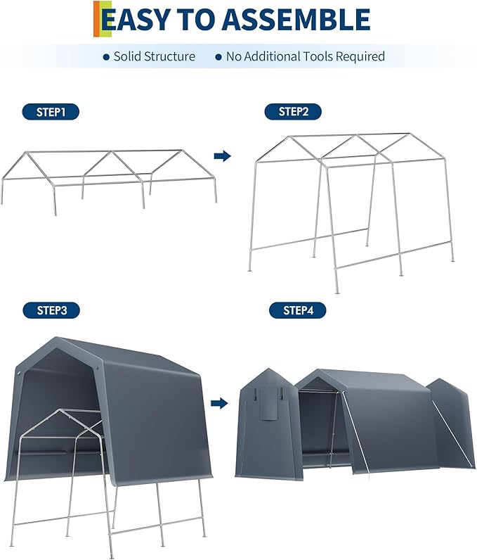 7x10 FT Portable Outdoor Storage Shed with Roll-Up Zipper Door & Vent, 240G Heavy-Duty Shelter Waterproof PE Tarp, UV-Resistant Carport for Motorcycle, Firewood, Tools -Gray