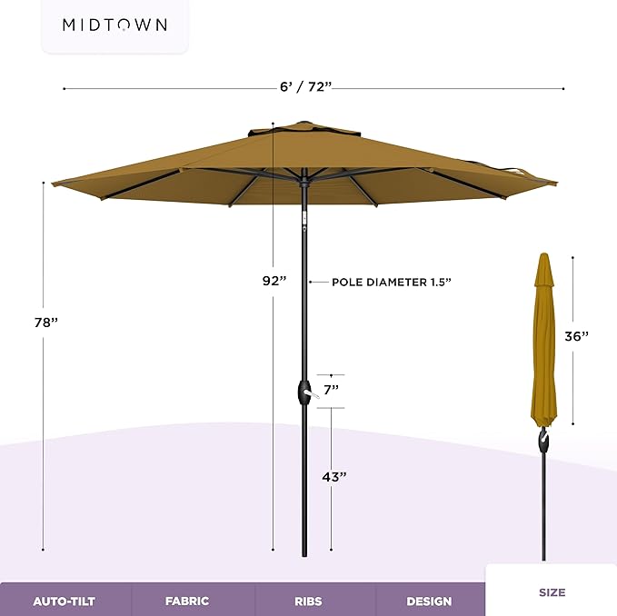 Midtown Umbrellas - 10-Year-No-Fade 6 Ft Patio Umbrella with Terylast Fabric, Auto-Tilt Aluminum Frame and 8 Reinforced Ribs for Deck, Pool, Garden & Beach - Sand Tan Canopy, Black Pole