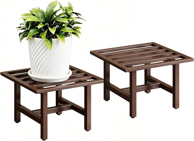 Heavy Duty Metal Plant Stand Outdoor, 330 lbs Wrought Iron Square Plant Stand Indoor, Rustproof Low Pedestal for Large Flower Pots, Patio, Balcony, Garden Decor 2 Pack Coffee