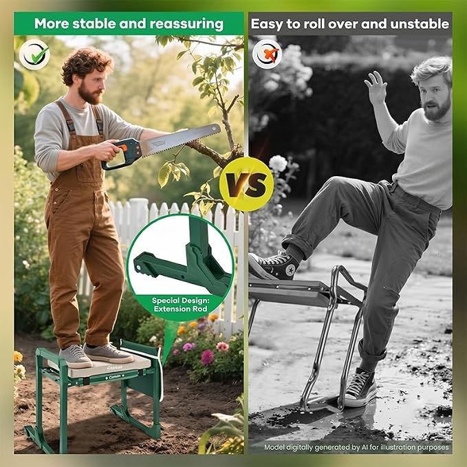 Saker Garden Kneeler and Seat Foldable Gardening Stool with Extendable Legs & Thickened Pad, Tool, Heavy Duty 400lbs Support for Elderly, Gardening, Outdoor Use