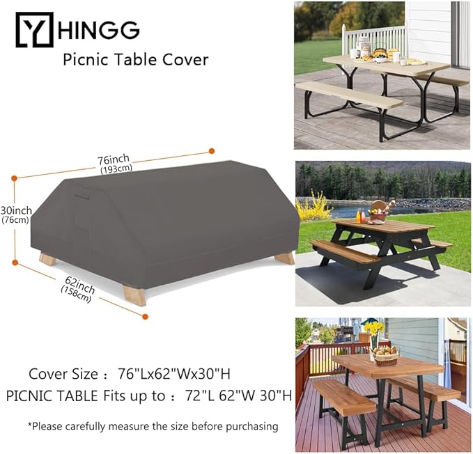 Picnic Table Cover Waterproof 70/72 Inch 600D Oxford Outdoor Table Cover with Bench Covers for Winter DustProof Heavy Duty (Grey, 6FT-70/72inch)