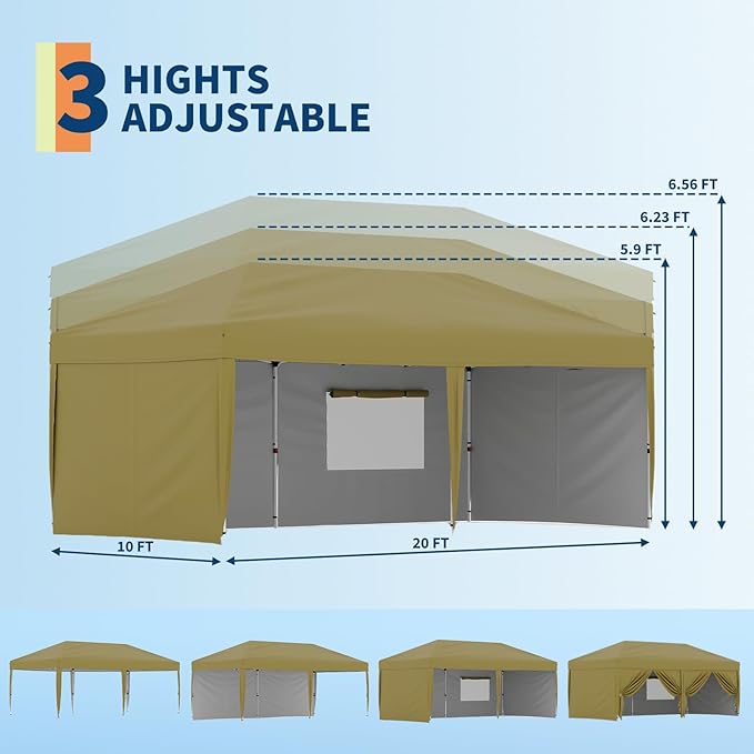 10x20ft Pop Up Canopy Tent, Commercial Heavy-Duty Steel Frame, 210D Oxford Waterproof UV Protection Canopy with 4 Sidewalls, 12 Stakes, 6 Sandbags & Wheeled Bag for Wedding, Camping, Farmers Market