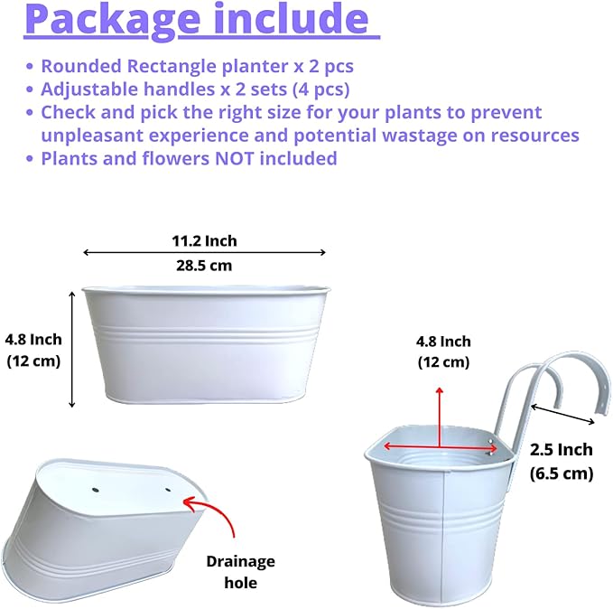 LaLaGreen Rail Planters for Outdoor (2 Pack, 11.2 Inch) White Metal Iron Hanging Flower Pots, Strawberry Planter Deck Railing Fence Bucket Wall Mount Window Box Plant Holder with Hooks Porch Decor