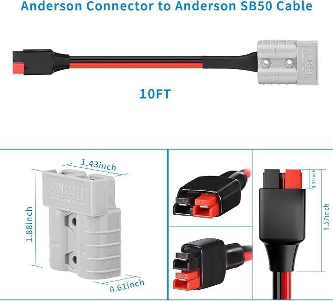 ELFCULB 10AWG 10FT Battery Quick Connect/Disconnect to Anderson Extension Cable, Anderson SB50-PP45 Amp Connector Cable for Solar Portable Gennerator Battery Power Transfer