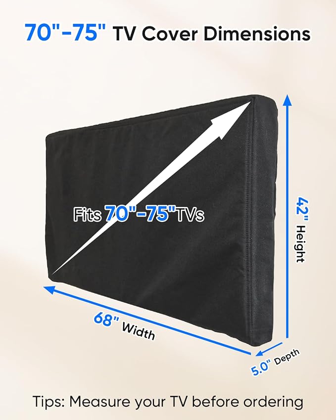 FORGING MOUNT Outdoor TV Cover 70-75 inch with Zipper,Weatherproof Cover Size 68" W x 42" H Waterproof for Outside Flat Screen TVs, Soft Non Scratch Interior,600D Thick Fabric Protector-Black