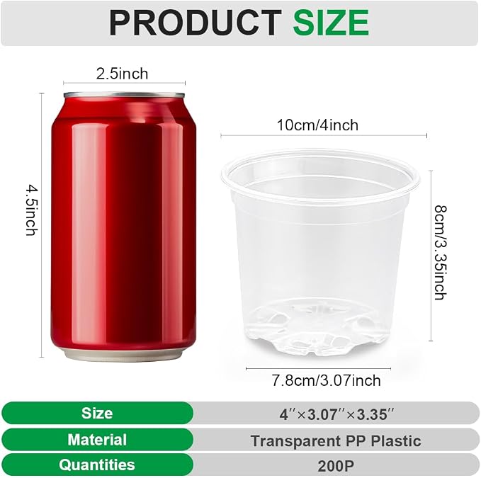 RooTrimmer 200 Pack 4 Inch Clear Plant pots with Drainage Holes, Transparent Nursery Seeding Pots, Flexile Seeds Starter Pots, Seeds Germination (4Inch,200P,Clear)