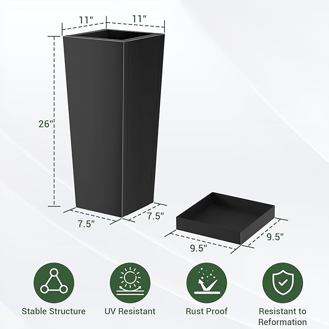 Metal Tall Outdoor Planters Set of 2, 26 inch Durable Tall Planters with Rust-Proof Coating & Drainage Insert Shelve & Trays, Black Outdoor Planters for Porch, Garden, Patio, Yard